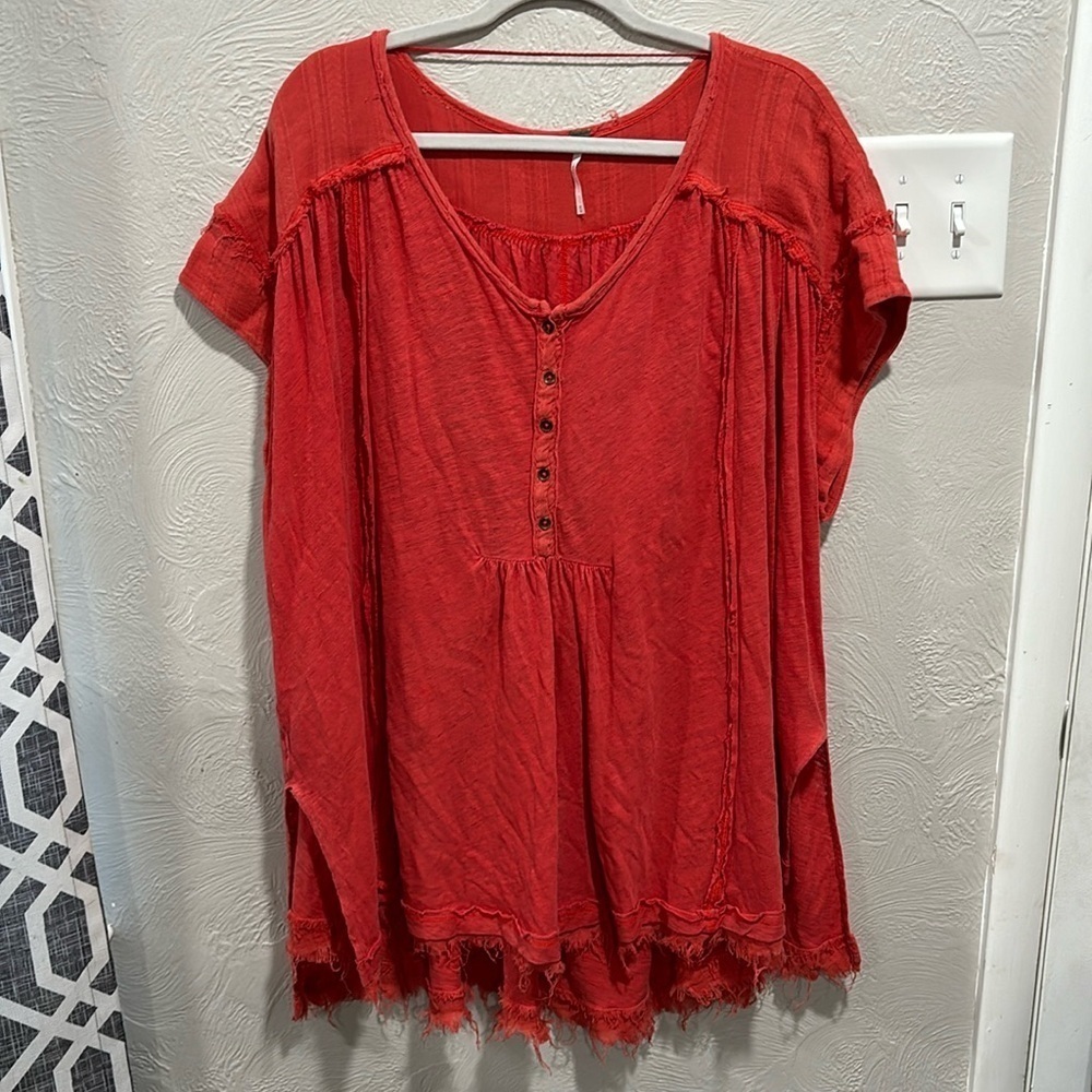 Free People Aster Henley Oversized Boho Orange Tunic Size Medium